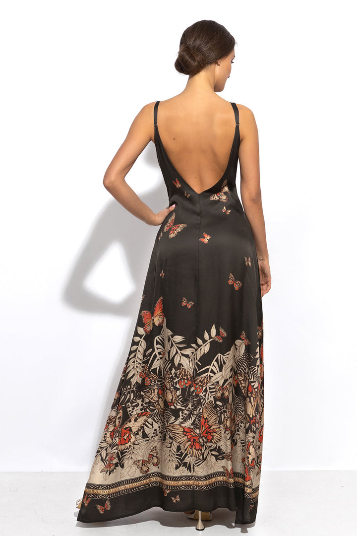 VISCOSE SLIP DRESS WITH OPEN BACK AND THIN STRAPS - MIDNIGHT BUTTERFLIES JIORO РОКЛЯ ОТ ВИСКОЗА С ОТВОРЕН ГРЪБ И ТЪНКИ ПРЕЗРАМКИ - MIDNIGHT BUTTERFLIES JIORO 