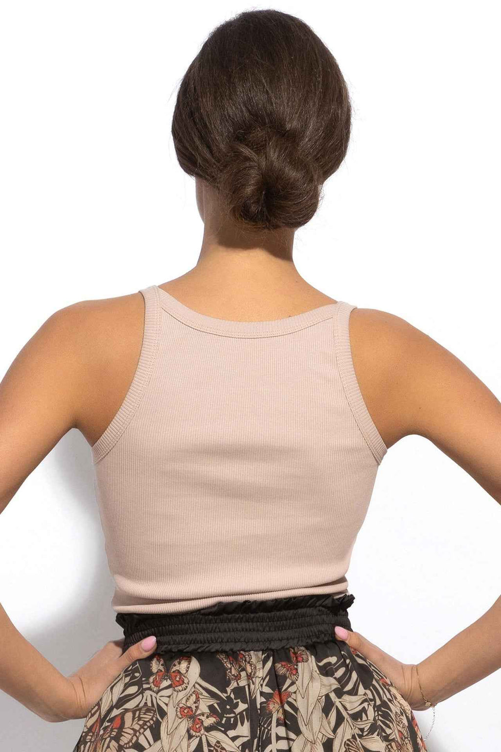 COTTON RIBBED CAMI TOP WITH THIN STRAPS IN BEIGE - ESSENTIALS