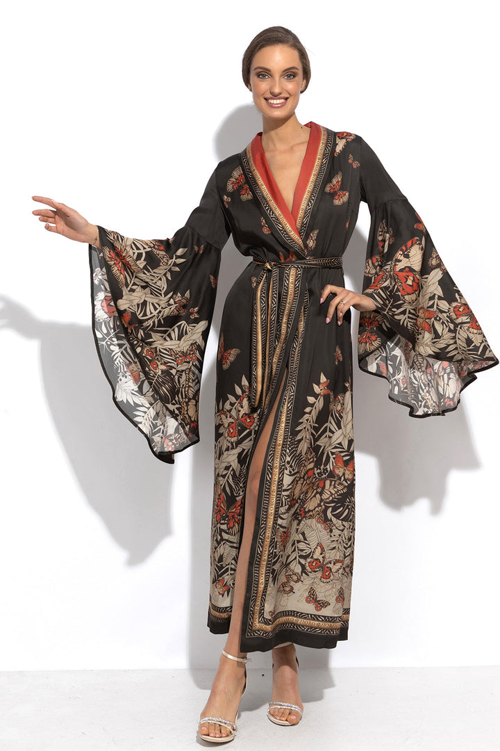 VISCOSE KIMONO WITH DRAPED BACK AND SHAWL COLLAR - MIDNIGHT BUTTERFLIES