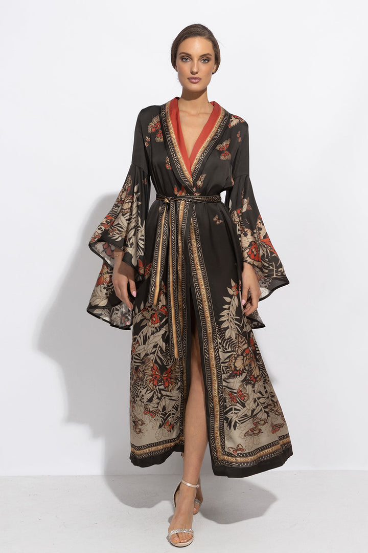VISCOSE KIMONO WITH DRAPED BACK AND SHAWL COLLAR - MIDNIGHT BUTTERFLIES