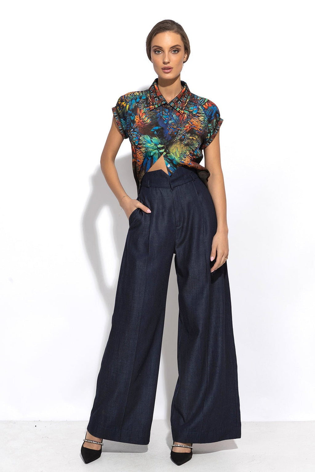 TENCEL DENIM PANTS WITH HIGH WAIST AND WIDE LEG - ESSENTIALS - Fashion Roots