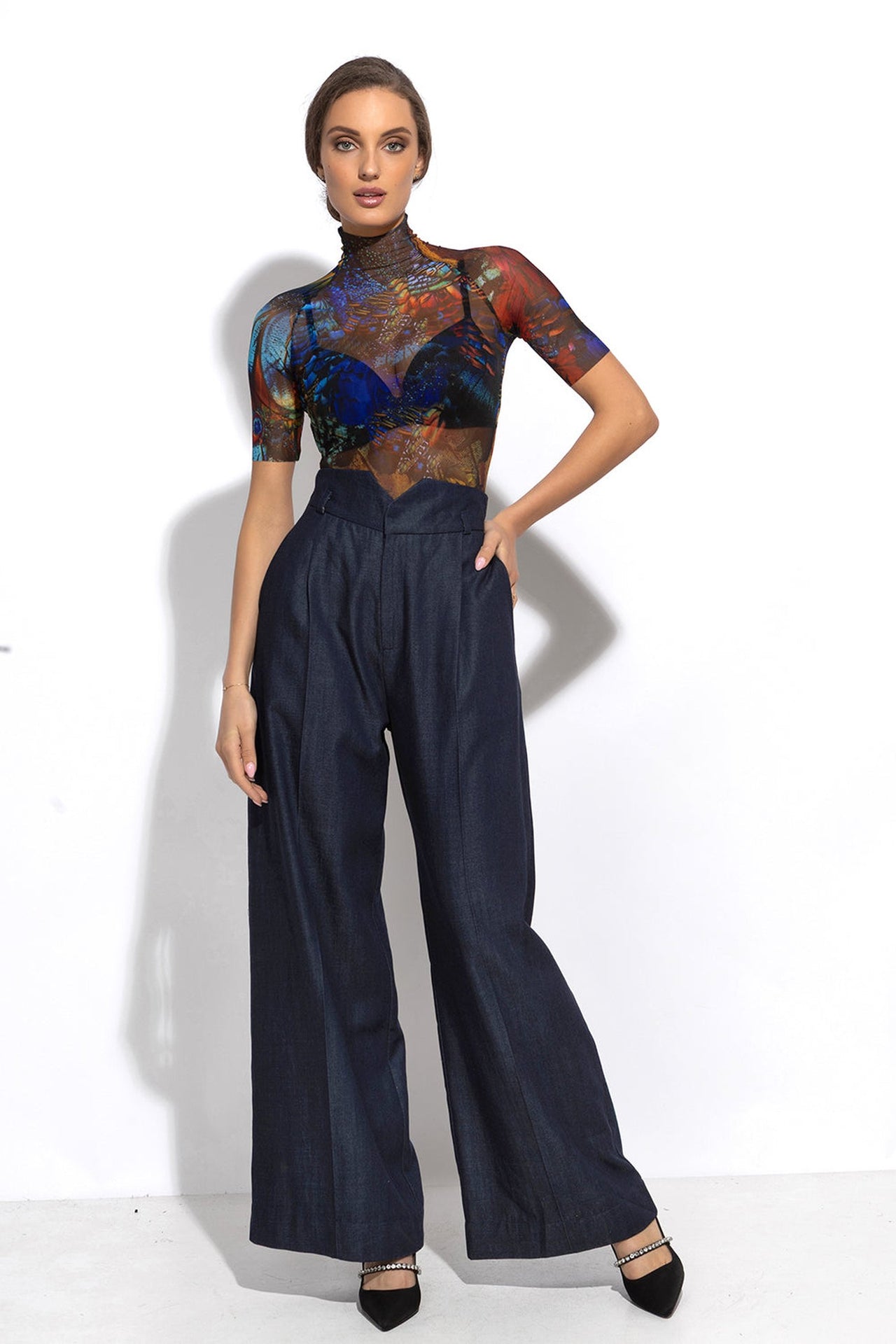 TENCEL DENIM PANTS WITH HIGH WAIST AND WIDE LEG - ESSENTIALS - Fashion Roots