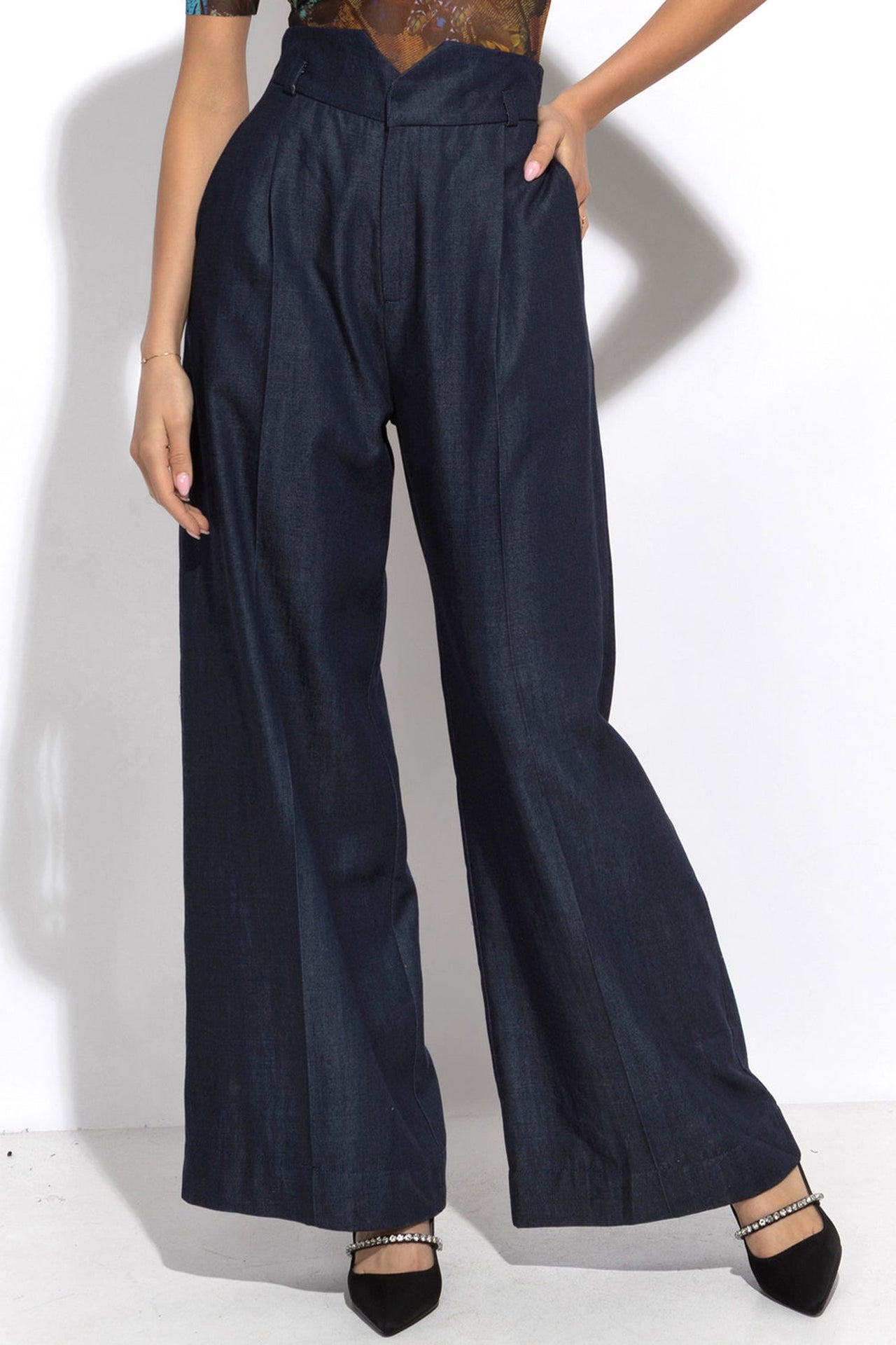 TENCEL DENIM PANTS WITH HIGH WAIST AND WIDE LEG - ESSENTIALS - Fashion Roots