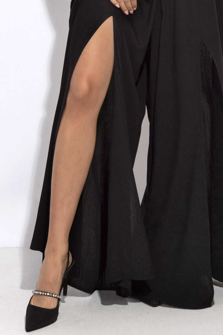 BLACK VISCOSE PANTS WITH ELASTIC WAIST IN BAROQUE PEARL AND SLITS - ESSENTIALS - Fashion Roots