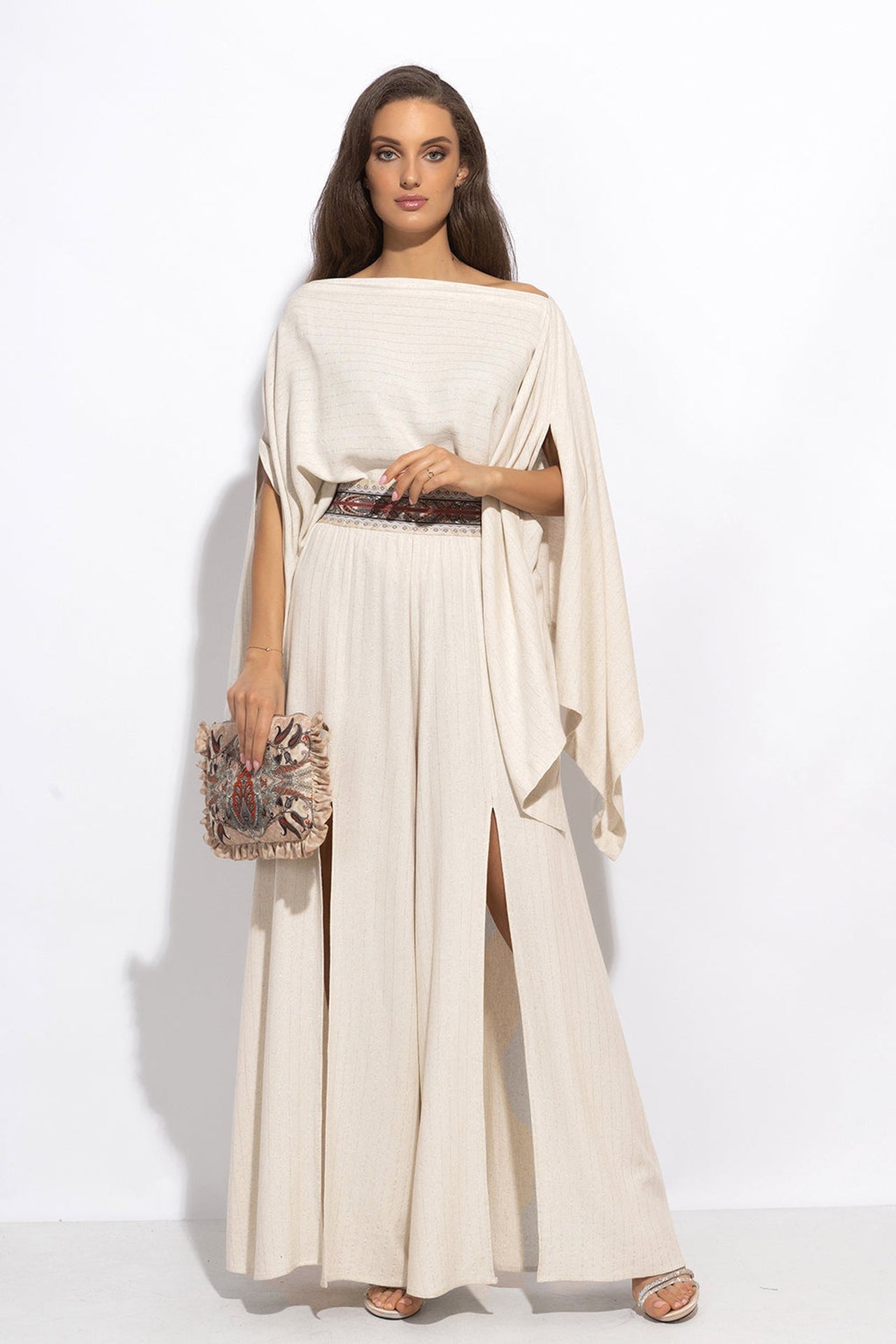 PANTALON TAILLE HAUTE EN VISCOSE-LIN AVEC FENTES À RAYURES ÉCRU - ESSENTIALS