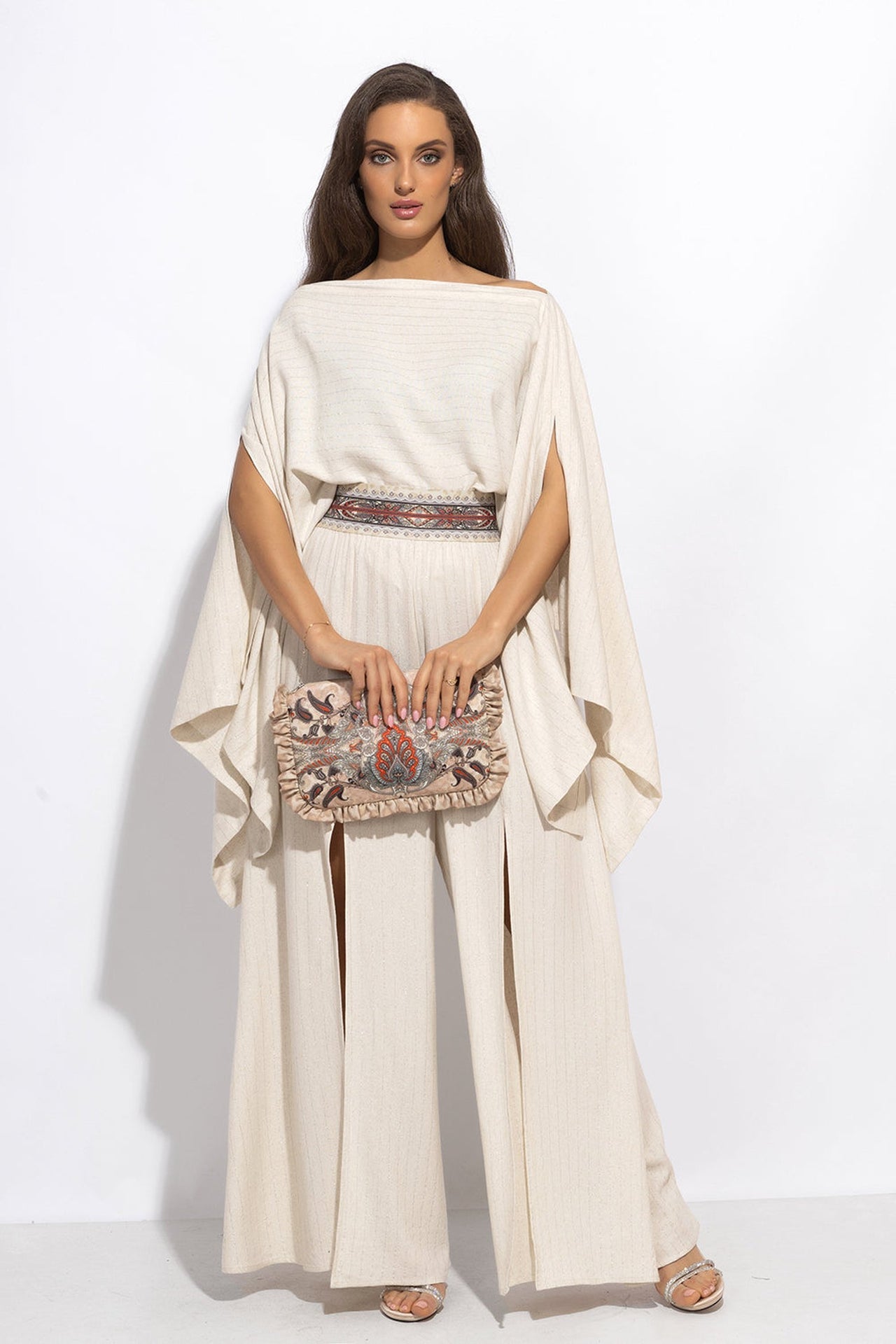 TUNIQUE DÉCONTRACTÉE EN VISCOSE-LIN AVEC FENTES LATÉRALES À RAYURES ÉCRUES - ESSENTIALS