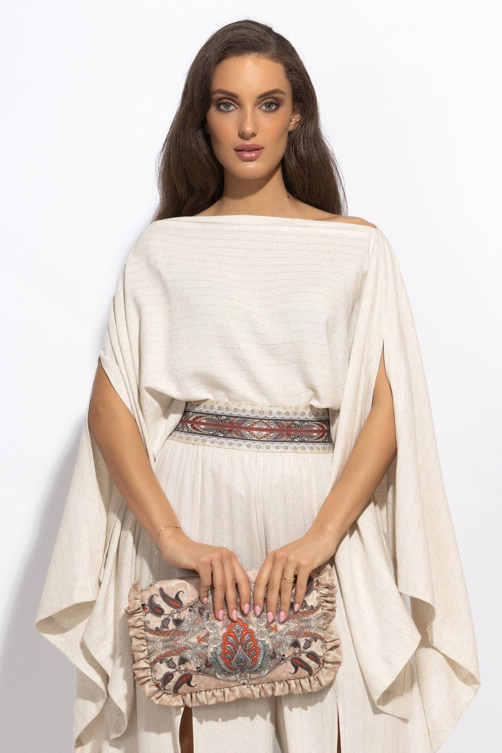 RELAXED VISCOSE-LINEN TUNIC WITH SIDE SLITS IN ECRU STRIPED - ESSENTIALS - Fashion Roots