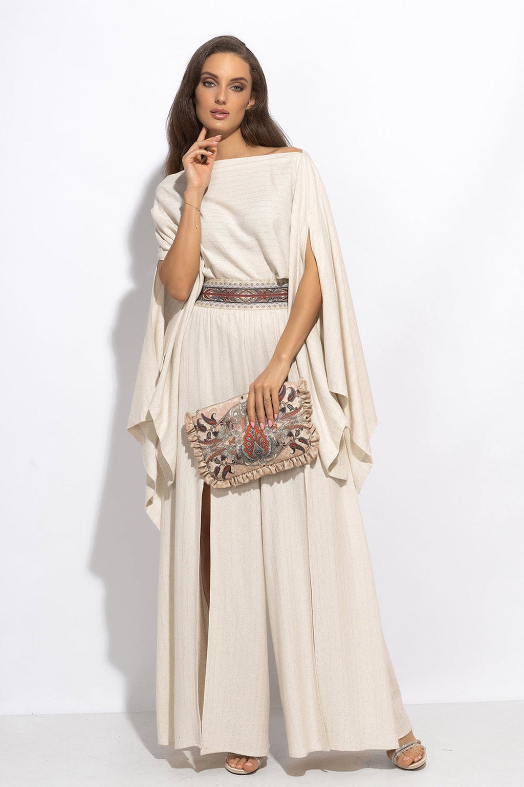 RELAXED VISCOSE-LINEN TUNIC WITH SIDE SLITS IN ECRU STRIPED - ESSENTIALS - Fashion Roots