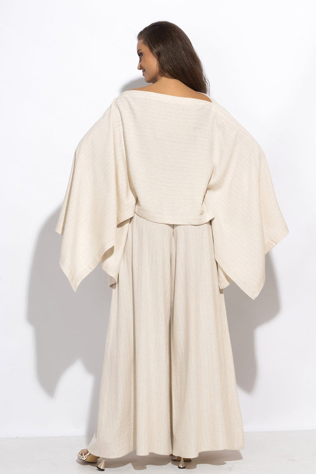 RELAXED VISCOSE-LINEN TUNIC WITH SIDE SLITS IN ECRU STRIPED - ESSENTIALS - Fashion Roots