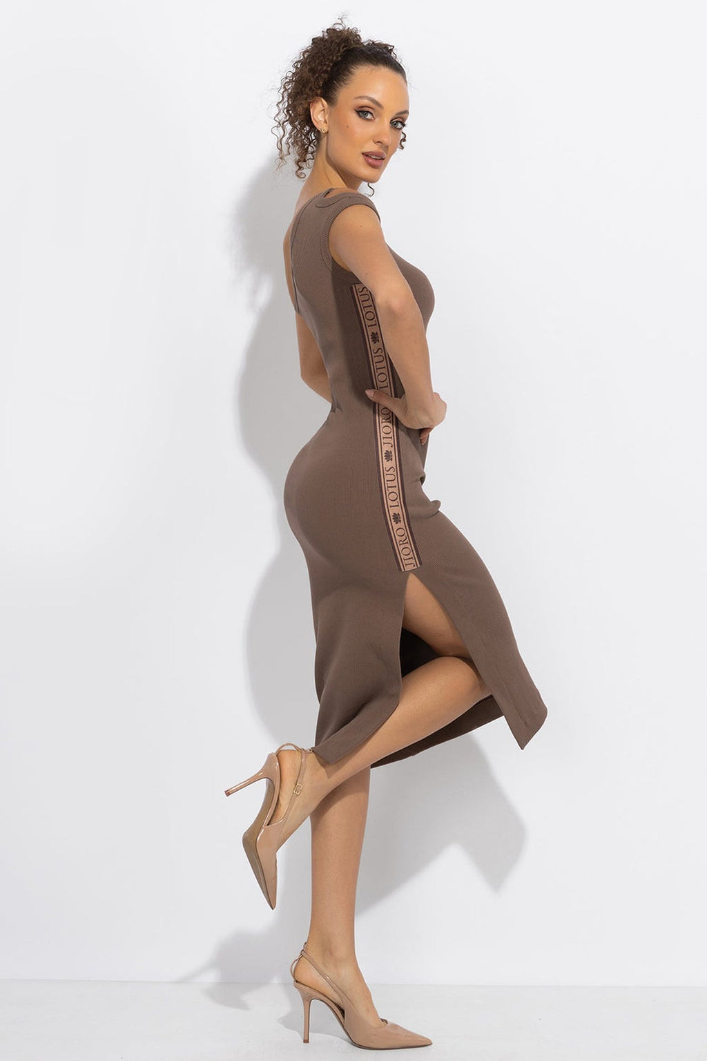 COTTON MIDI DRESS WITH ASYMMETRICAL SHOULDERS AND STRAP MOCHA MOUSSE LOGO - ESSENTIALS - Fashion Roots