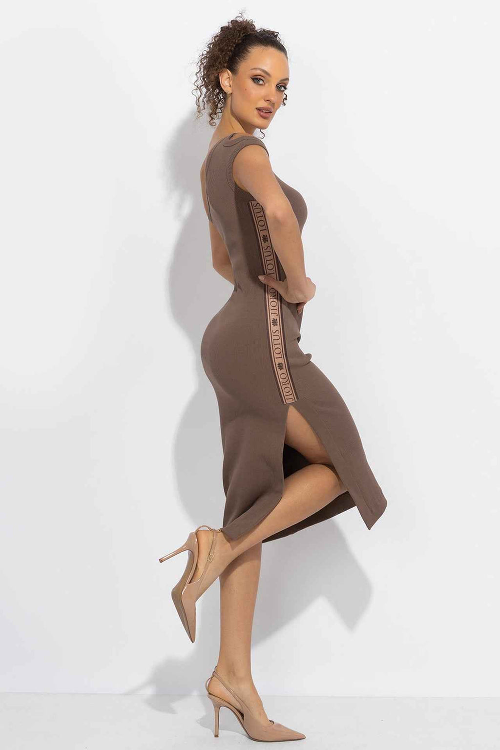 COTTON MIDI DRESS WITH ASYMMETRICAL SHOULDERS AND STRAP MOCHA MOUSSE LOGO - ESSENTIALS