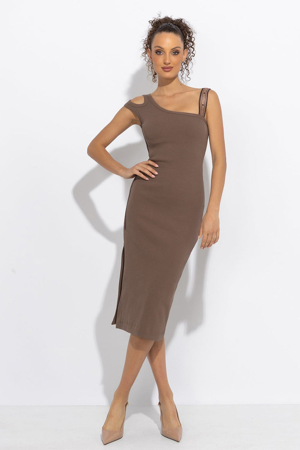 COTTON MIDI DRESS WITH ASYMMETRICAL SHOULDERS AND STRAP MOCHA MOUSSE LOGO - ESSENTIALS - Fashion Roots