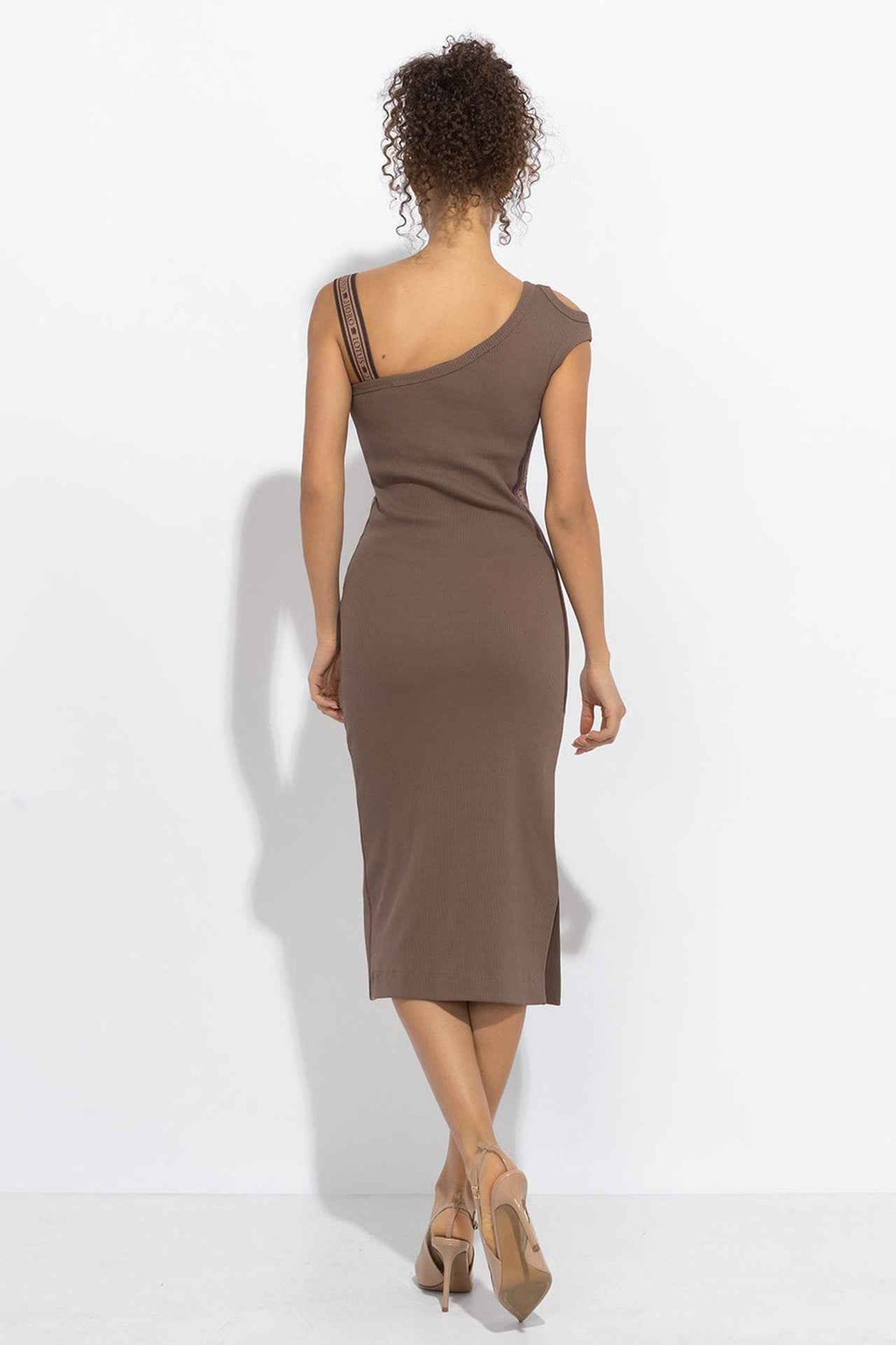 COTTON MIDI DRESS WITH ASYMMETRICAL SHOULDERS AND STRAP MOCHA MOUSSE LOGO - ESSENTIALS