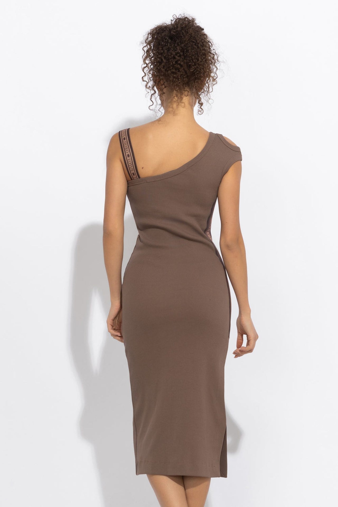 COTTON MIDI DRESS WITH ASYMMETRICAL SHOULDERS AND STRAP MOCHA MOUSSE LOGO - ESSENTIALS - Fashion Roots