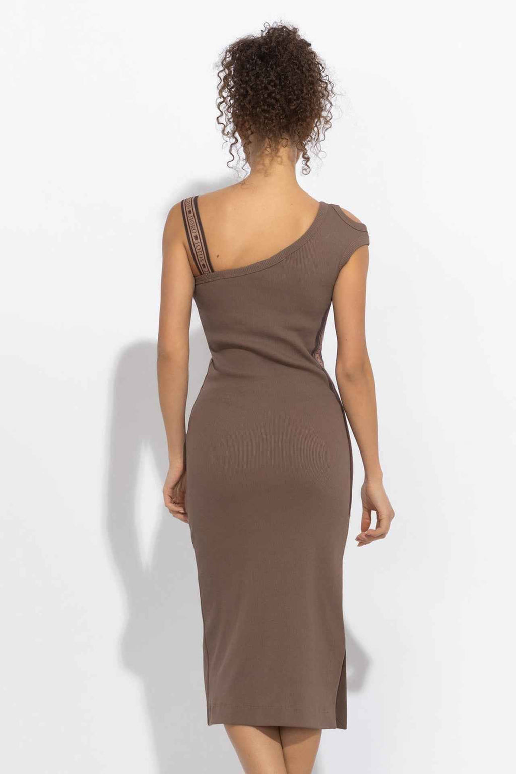 COTTON MIDI DRESS WITH ASYMMETRICAL SHOULDERS AND STRAP MOCHA MOUSSE LOGO - ESSENTIALS