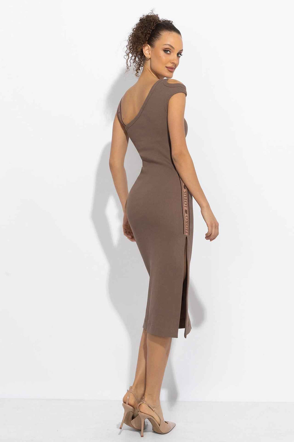 COTTON MIDI DRESS WITH ASYMMETRICAL SHOULDERS AND STRAP MOCHA MOUSSE LOGO - ESSENTIALS