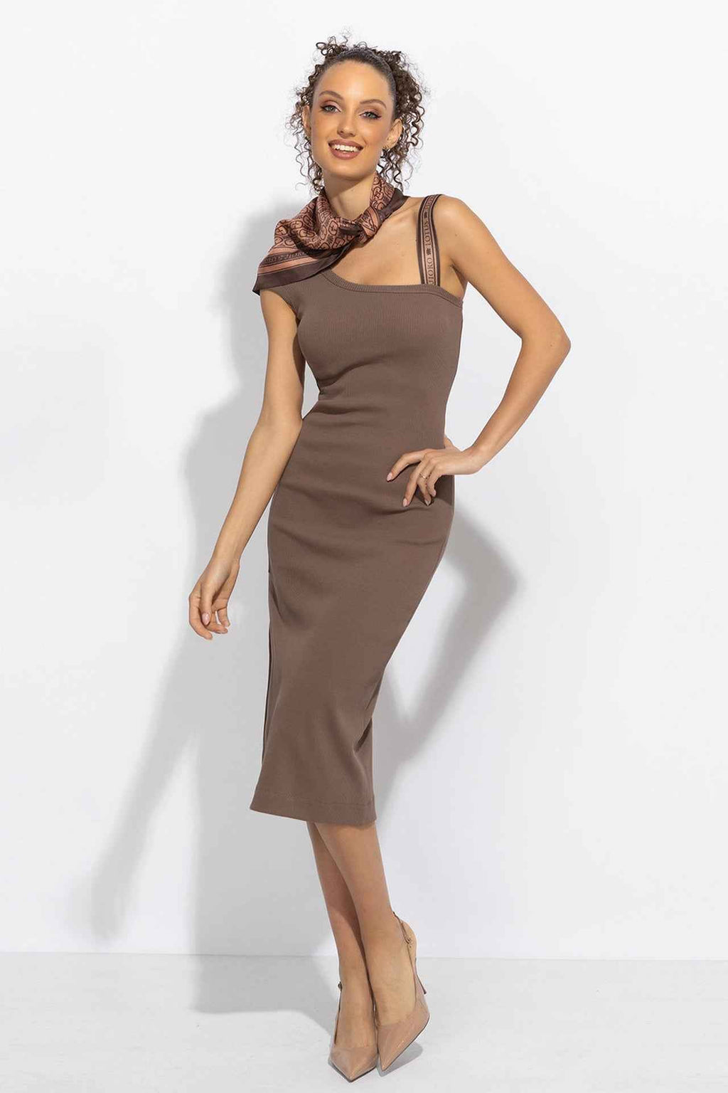 COTTON MIDI DRESS WITH ASYMMETRICAL SHOULDERS AND STRAP MOCHA MOUSSE LOGO - ESSENTIALS