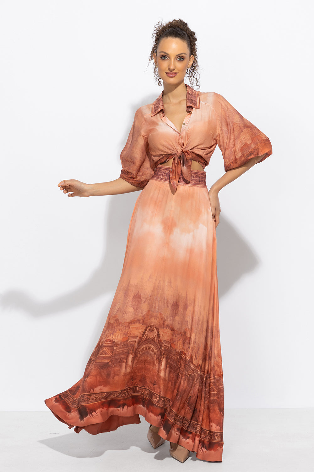 3/4-SLEEVE SHIRT WITH ELASTIC HEM AND SHELL BUTTON PLASTRON IN VISCOSE-SILK - ANCIENT TOWN