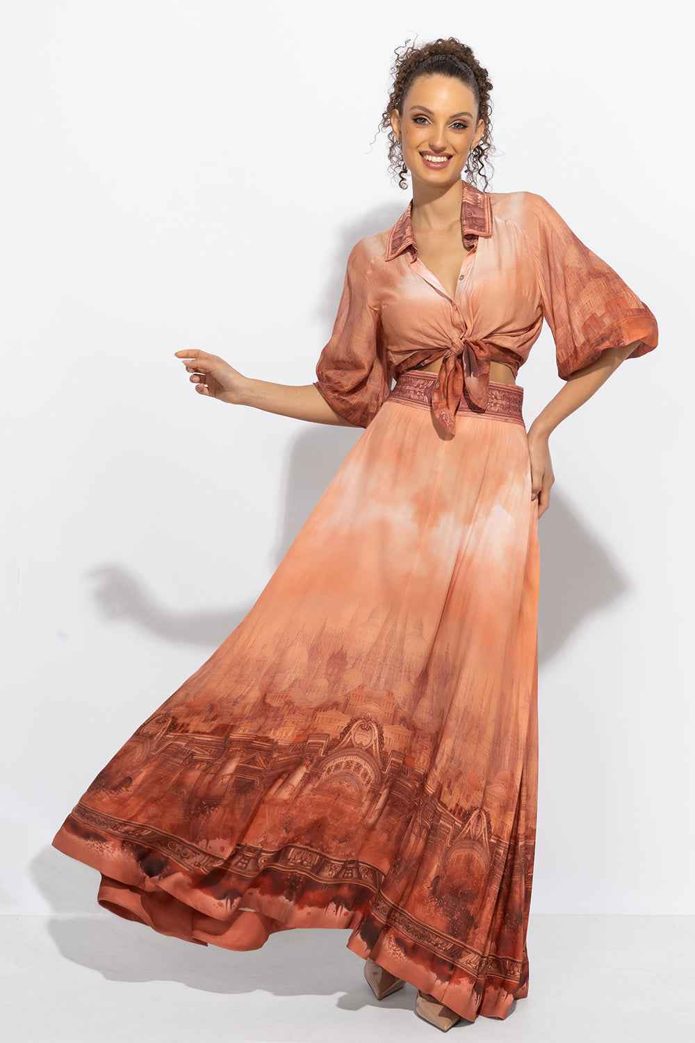 3/4-SLEEVE SHIRT WITH ELASTIC HEM AND SHELL BUTTON PLASTRON IN VISCOSE-SILK - ANCIENT TOWN