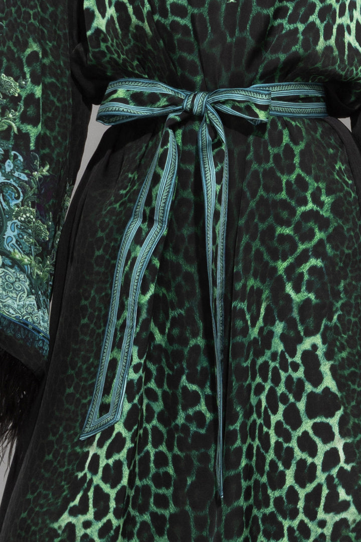 CAFTAN EN SATIN DE VISCOSE À PLUMES - VERT FLUO LEO