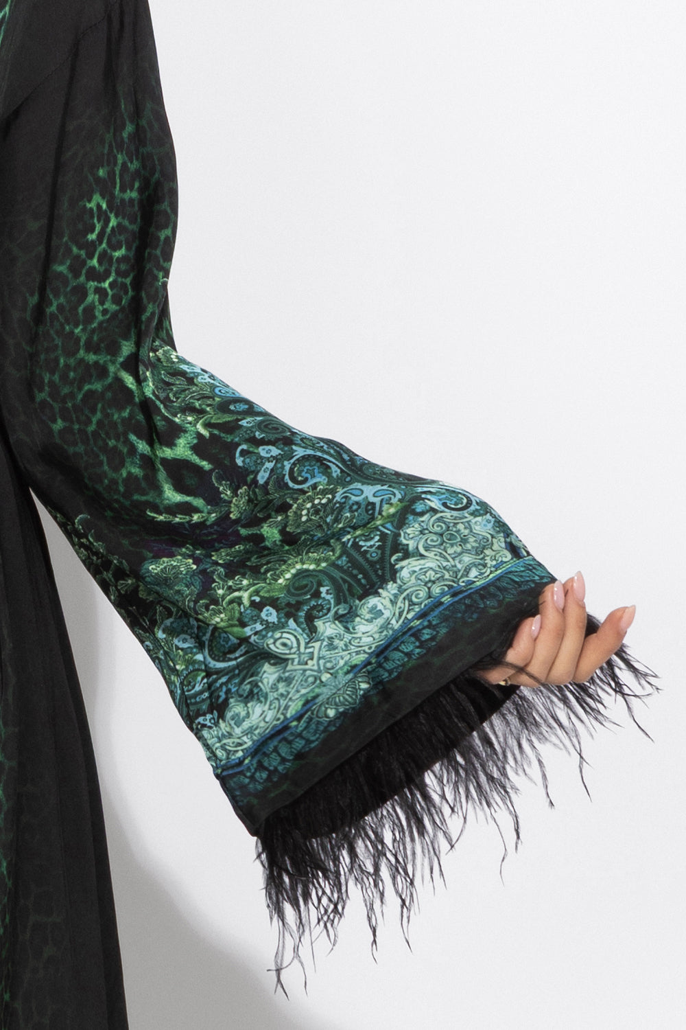 CAFTAN EN SATIN DE VISCOSE À PLUMES - VERT FLUO LEO