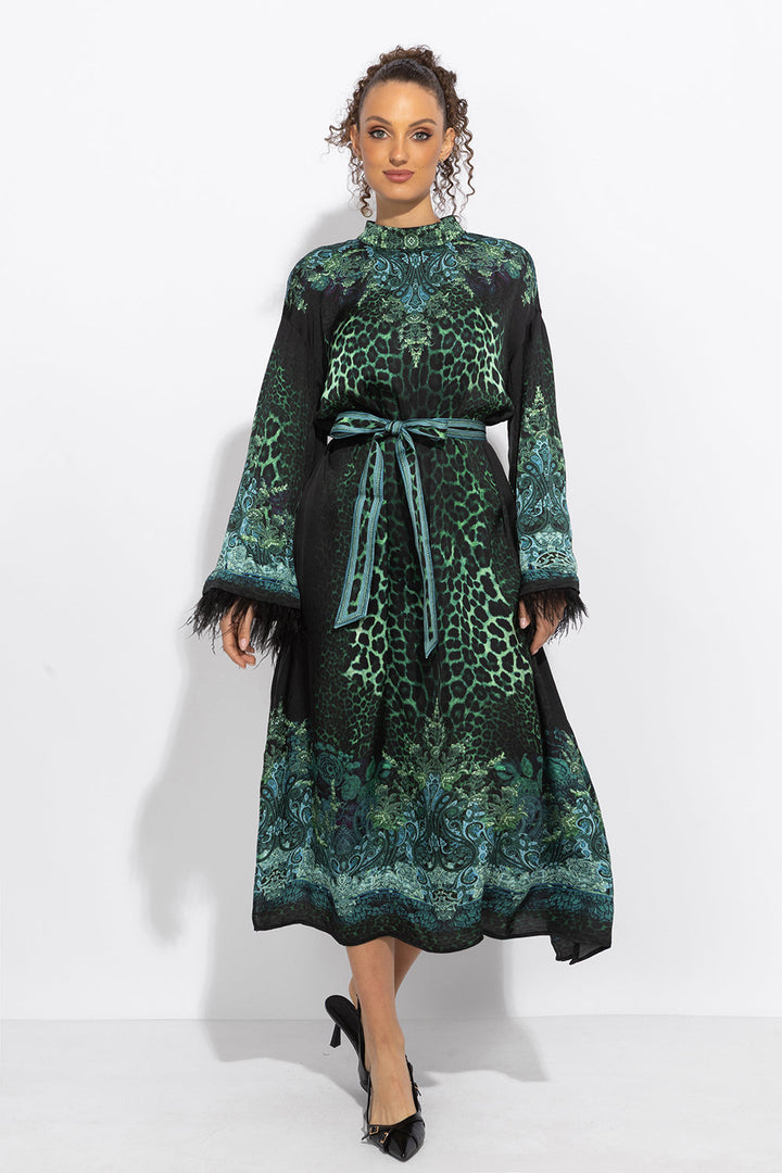 CAFTAN EN SATIN DE VISCOSE À PLUMES - VERT FLUO LEO