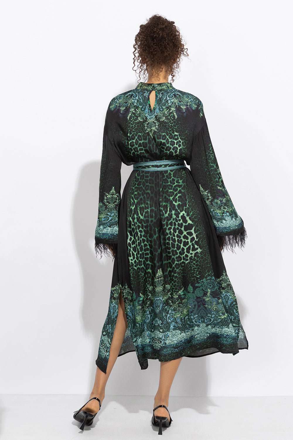 VISCOSE CAFTAN WITH FEATHERS - LEO NEON GREEN JIORO КАФТАН ОТ ВИСКОЗА С ПЕРА - LEO NEON GREEN JIORO