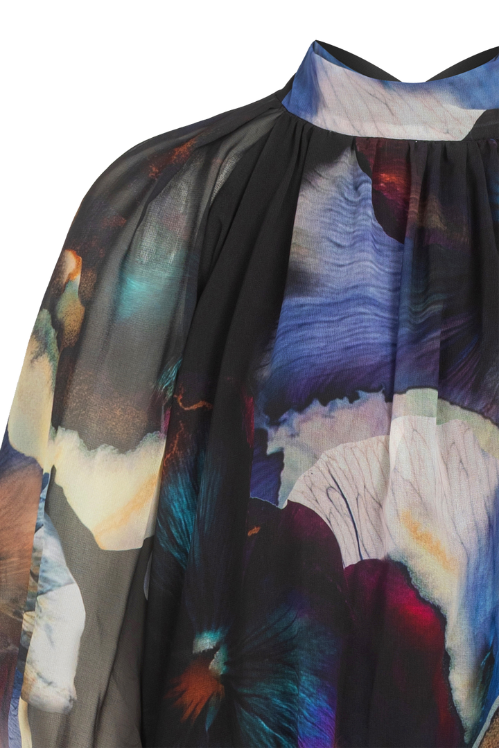 RELAXED DRESS WITH BALLOON RAGLAN SLEEVES AND BACK TIE - VIOLET