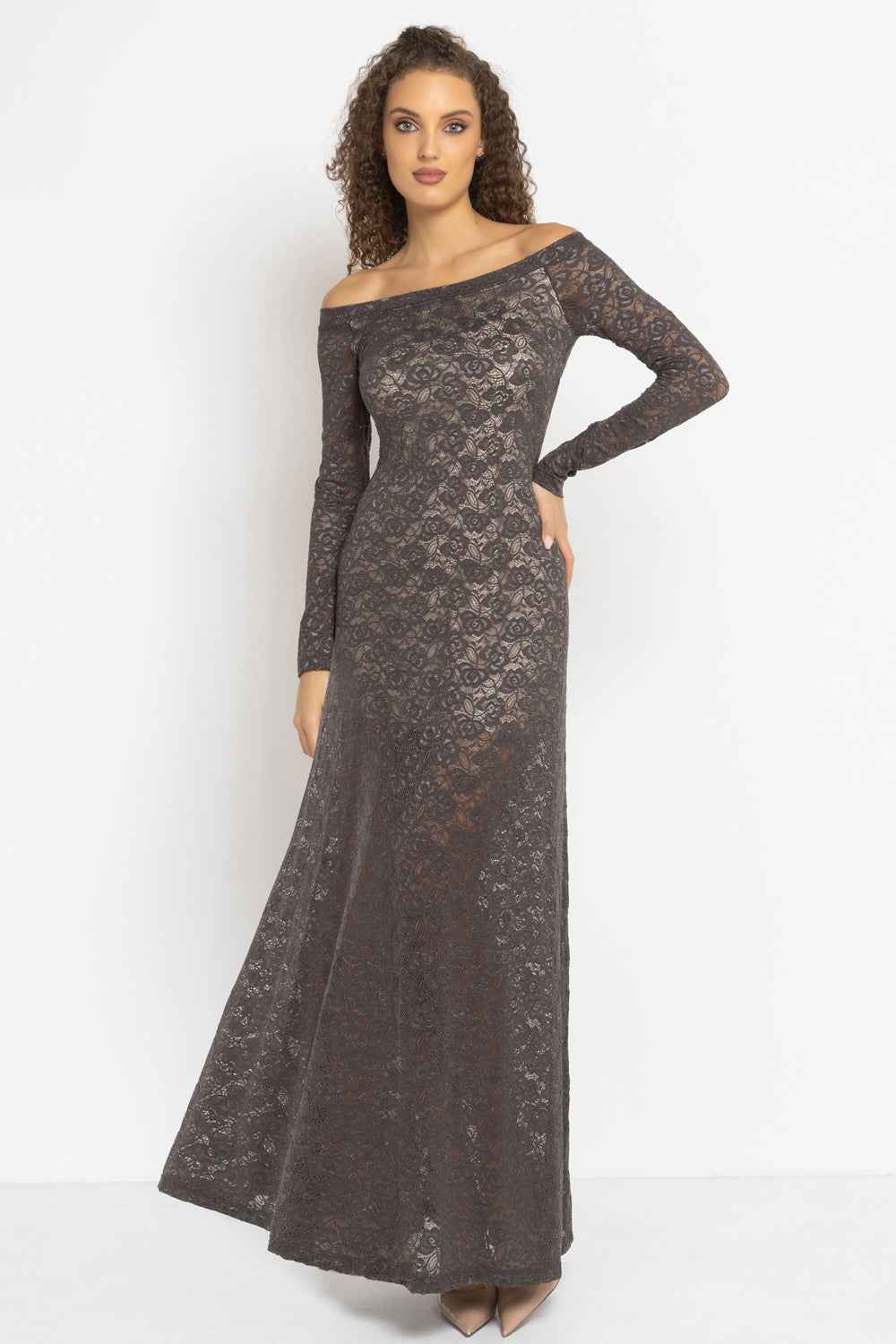 LONG A-LINE LACE DRESS WITH BOAT NECKLINE IN MOCHA - ESSENTIALS