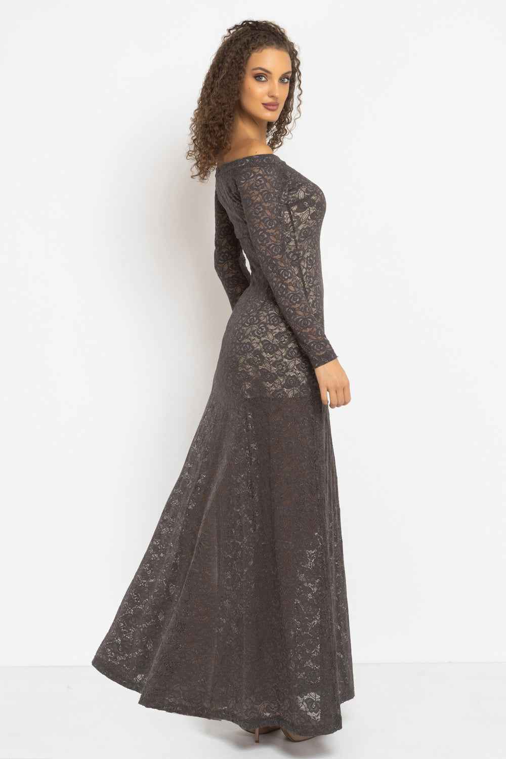 LONG A-LINE LACE DRESS WITH BOAT NECKLINE IN MOCHA - ESSENTIALS