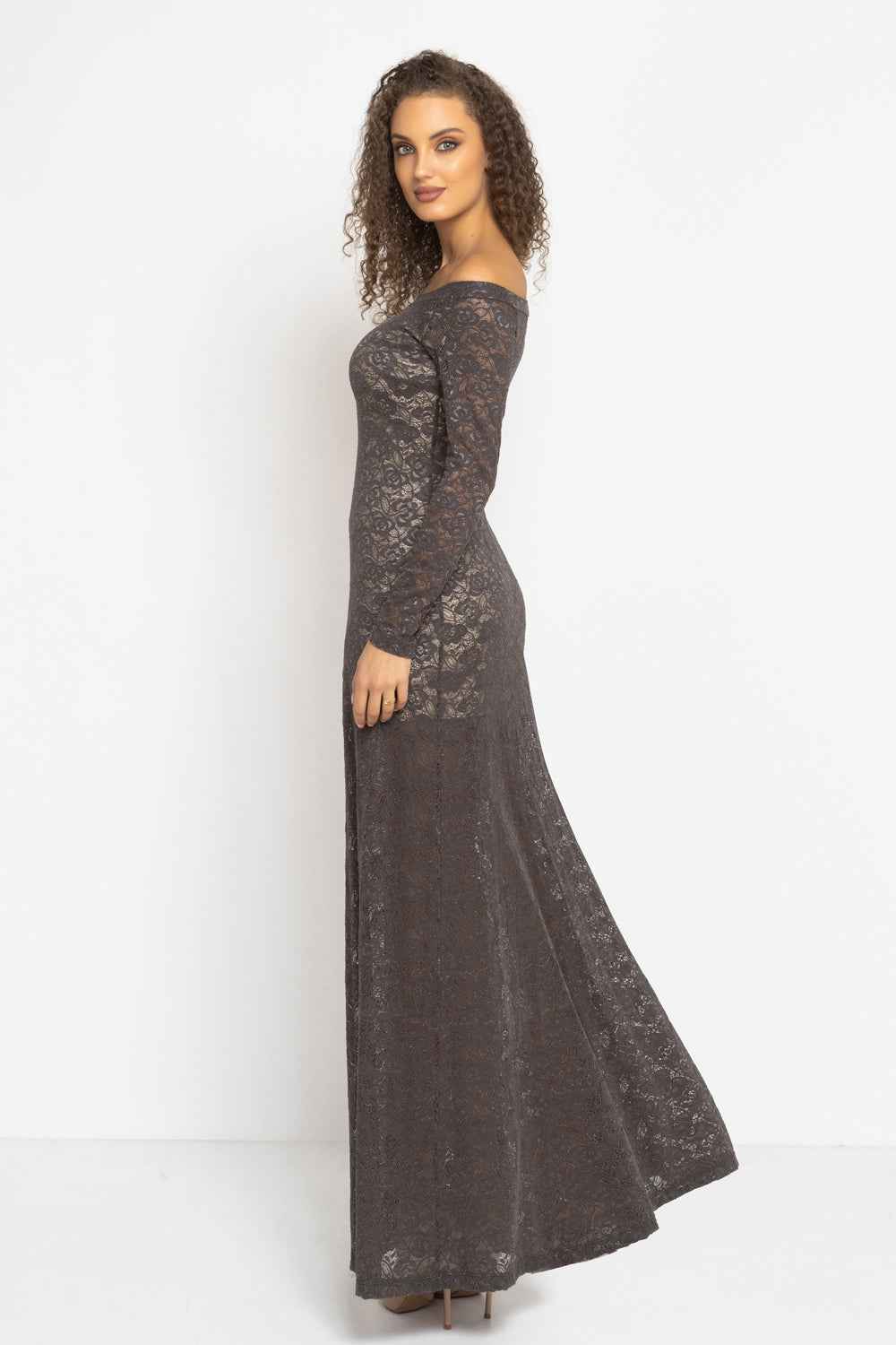LONG A-LINE LACE DRESS WITH BOAT NECKLINE IN MOCHA - ESSENTIALS