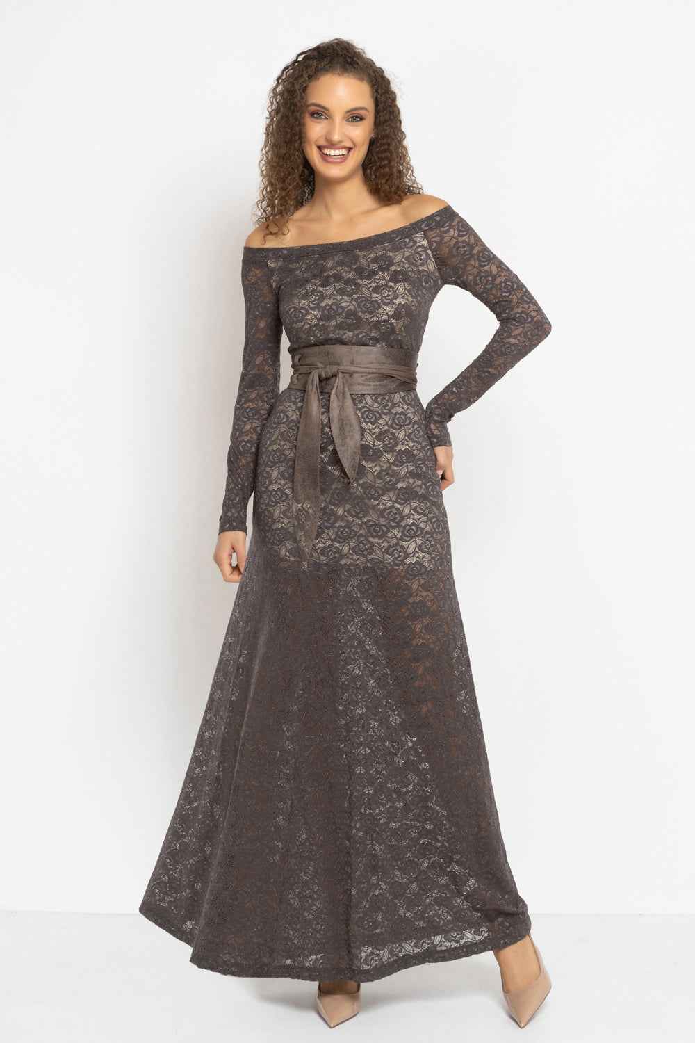 LONG A-LINE LACE DRESS WITH BOAT NECKLINE IN MOCHA - ESSENTIALS