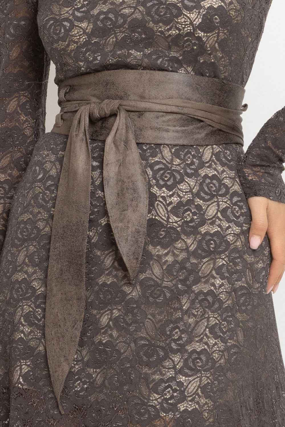 LONG A-LINE LACE DRESS WITH BOAT NECKLINE IN MOCHA - ESSENTIALS