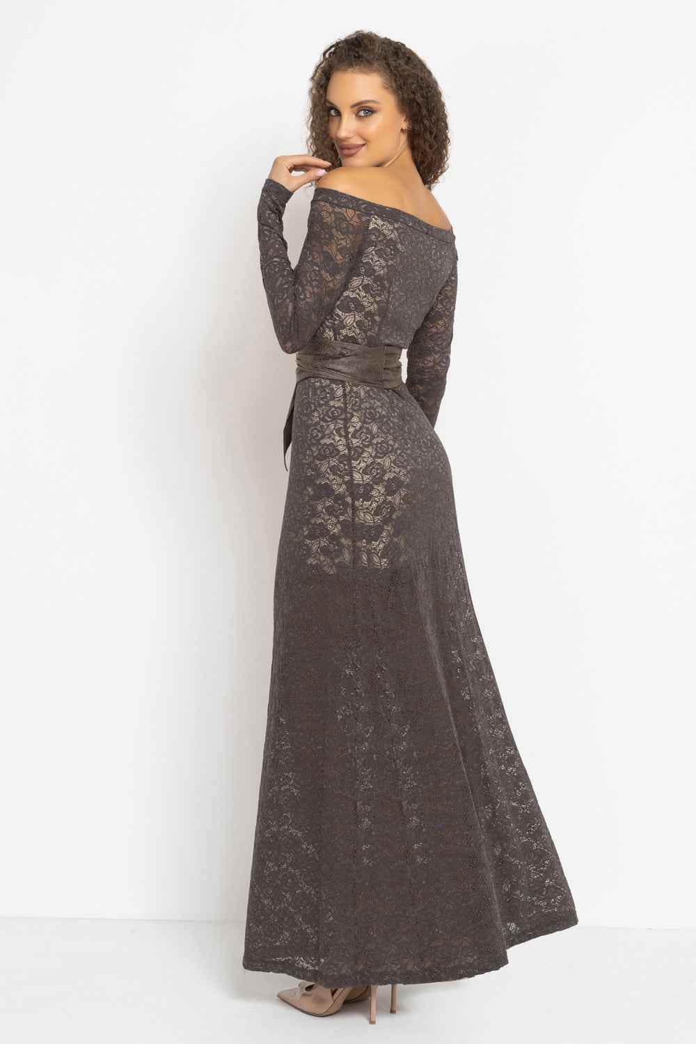 LONG A-LINE LACE DRESS WITH BOAT NECKLINE IN MOCHA - ESSENTIALS