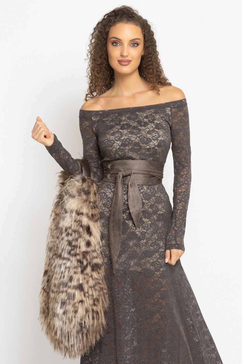 LONG A-LINE LACE DRESS WITH BOAT NECKLINE IN MOCHA - ESSENTIALS