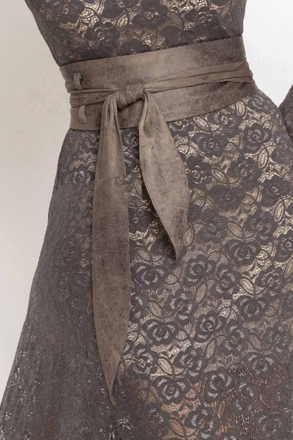 LONG A-LINE LACE DRESS WITH BOAT NECKLINE IN MOCHA - ESSENTIALS