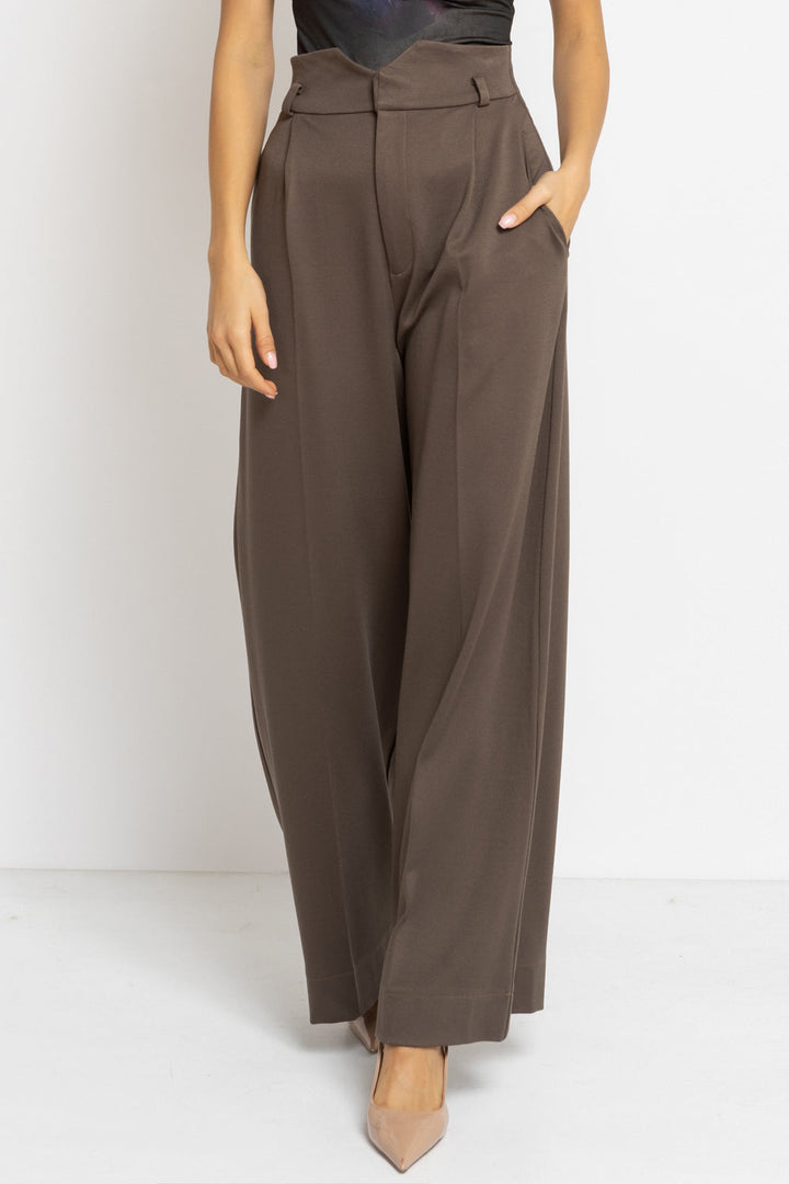 VISCOSE BLEND HIGH-WAISTED TROUSERS IN MOCHA - ESSENTIALS - Fashion Roots