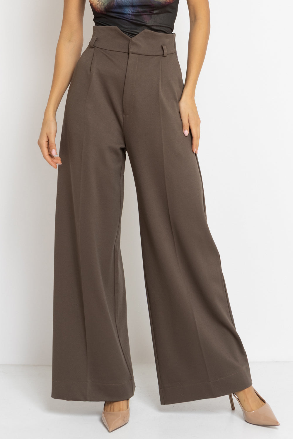 VISCOSE BLEND HIGH-WAISTED TROUSERS IN MOCHA - ESSENTIALS - Fashion Roots