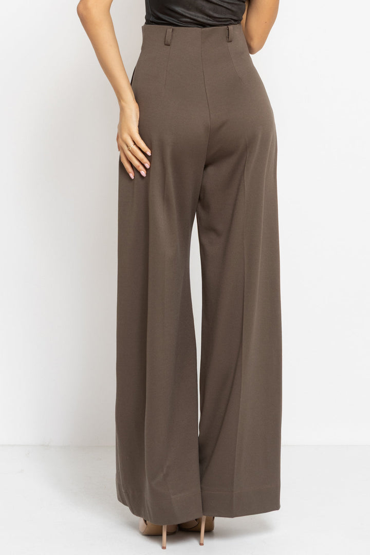 VISCOSE BLEND HIGH-WAISTED TROUSERS IN MOCHA - ESSENTIALS - Fashion Roots