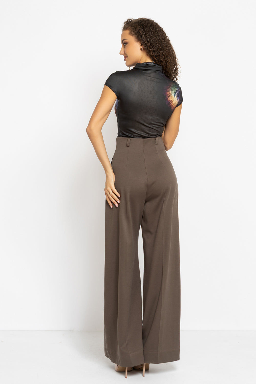 VISCOSE BLEND HIGH-WAISTED TROUSERS IN MOCHA - ESSENTIALS - Fashion Roots