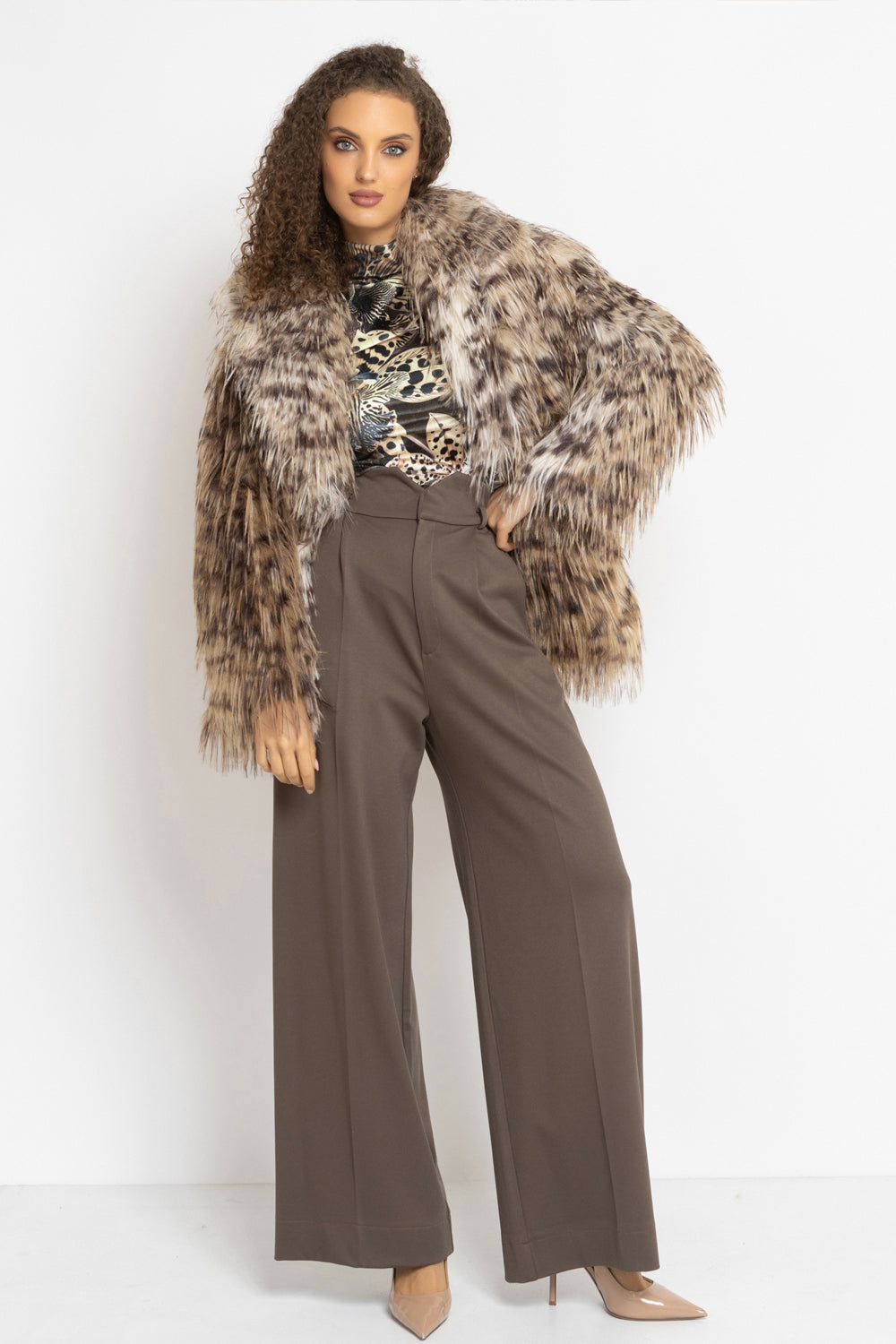 OVERSIZED FAUX FUR COAT WITH LARGE SHAWL COLLAR IN SERVAL PRINT AND BELT - ESSENTIALS JIORO ОВЪРСАЙЗ ПАЛТО ОТ ИЗКУСТВЕН КОСЪМ С ШАРКА СЕРВАЛ С ГОЛЯМА ШАЛ-ЯКА И КОЛАН - ESSENTIALS JIORO