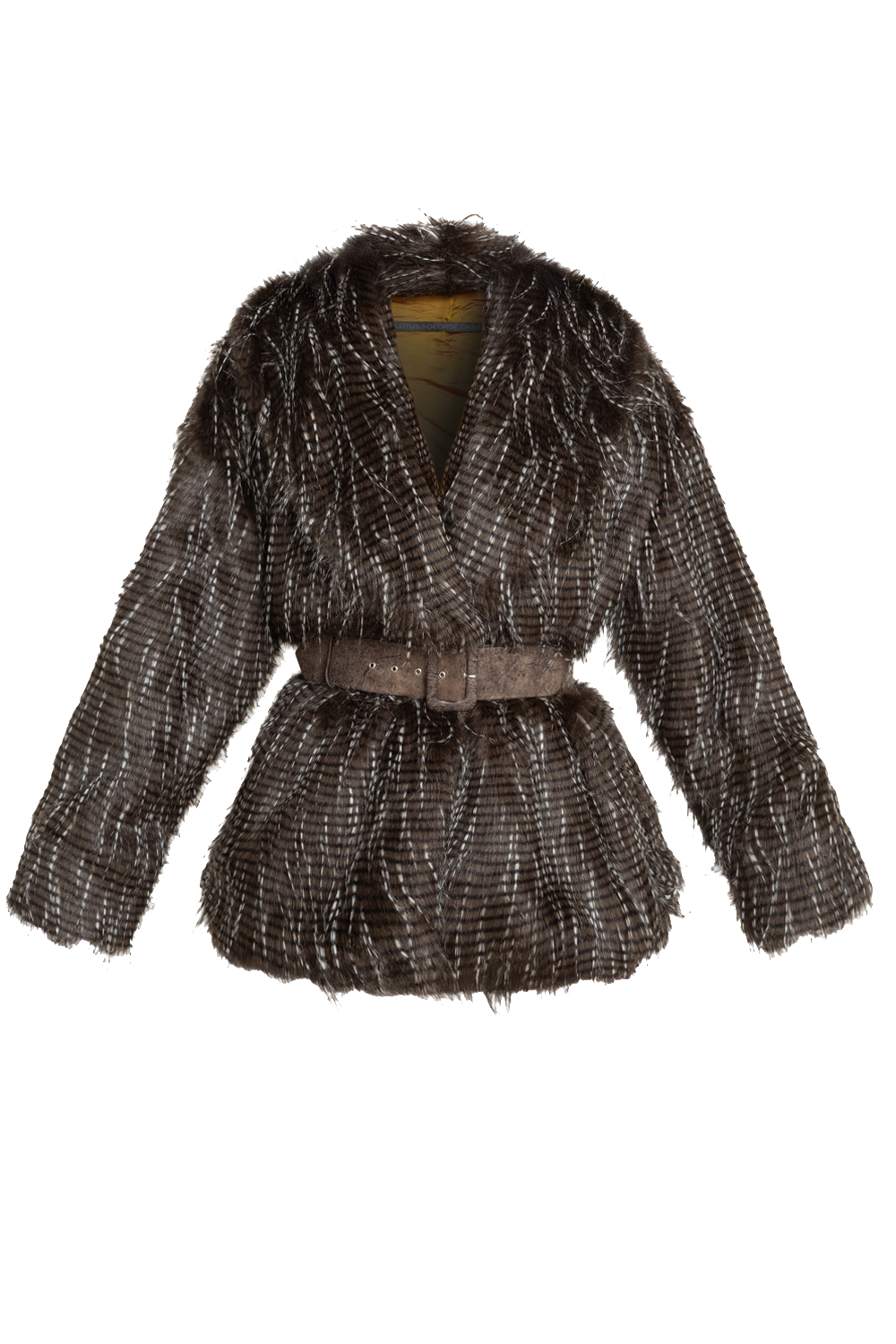 OVERSIZED PHEASANT PATTERN FAUX FUR COAT WITH BELT - ESSENTIALS JIORO ОВЪРСАЙЗ ПАЛТО ОТ ИЗКУСТВЕН КОСЪМ С ШАРКА ФАЗАН С ГОЛЯМА ШАЛ-ЯКА - ESSENTIALS JIORO