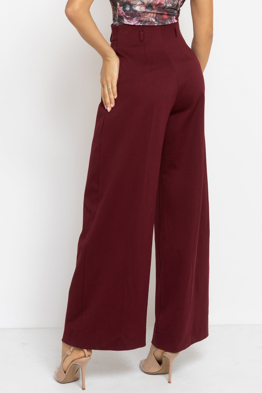 VISCOSE BLEND HIGH-WAISTED BURGUNDY TROUSERS - ESSENTIALS