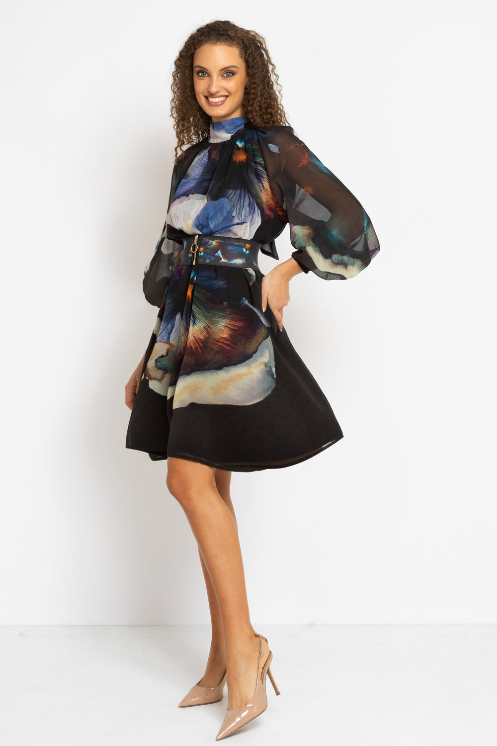 RELAXED DRESS WITH BALLOON RAGLAN SLEEVES AND BACK TIE - VIOLET