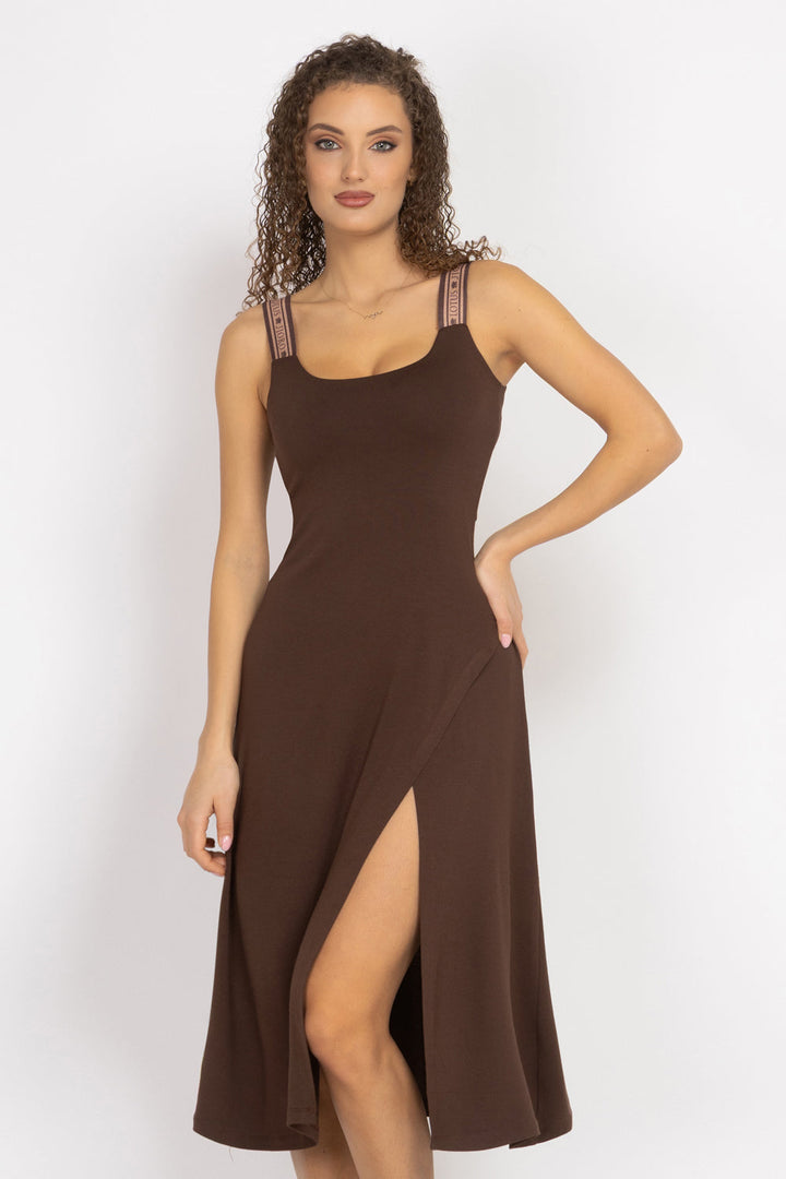BROWN VISCOSE STRAP DRESS WITH ELASTIC DETAIL AND SOFT A-LINE SILHOUETTE - ESSENTIALS