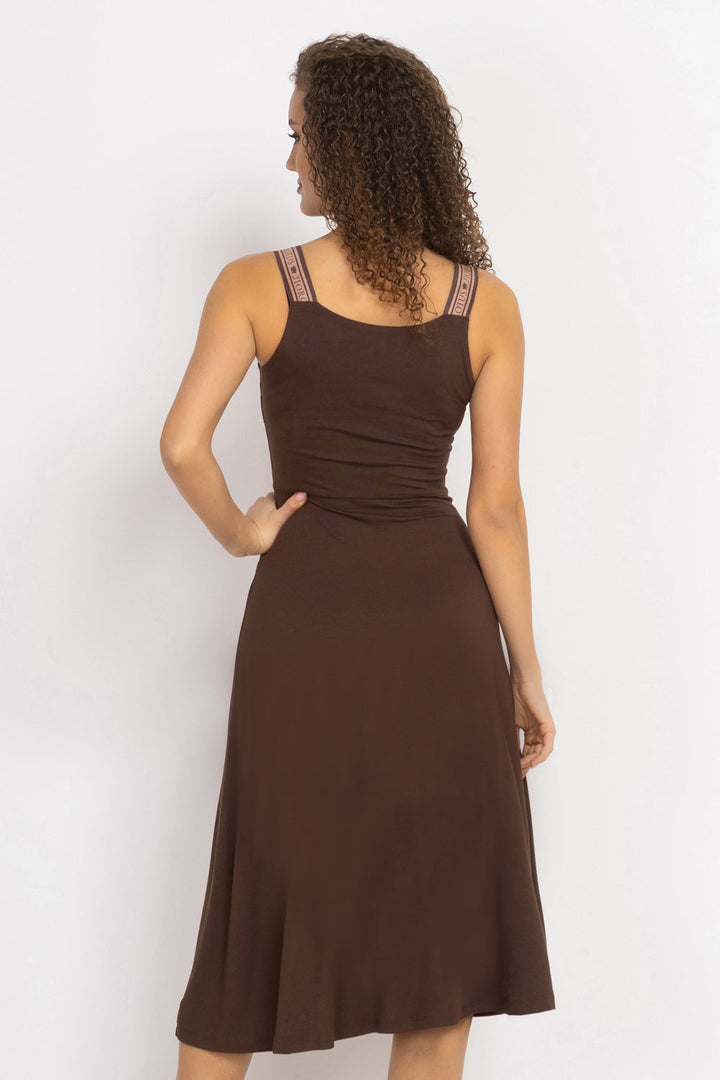 BROWN VISCOSE STRAP DRESS WITH ELASTIC DETAIL AND SOFT A-LINE SILHOUETTE - ESSENTIALS