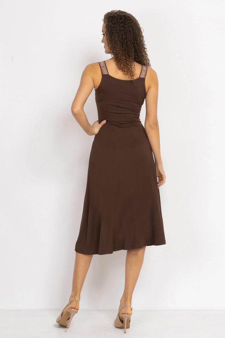 BROWN VISCOSE STRAP DRESS WITH ELASTIC DETAIL AND SOFT A-LINE SILHOUETTE - ESSENTIALS