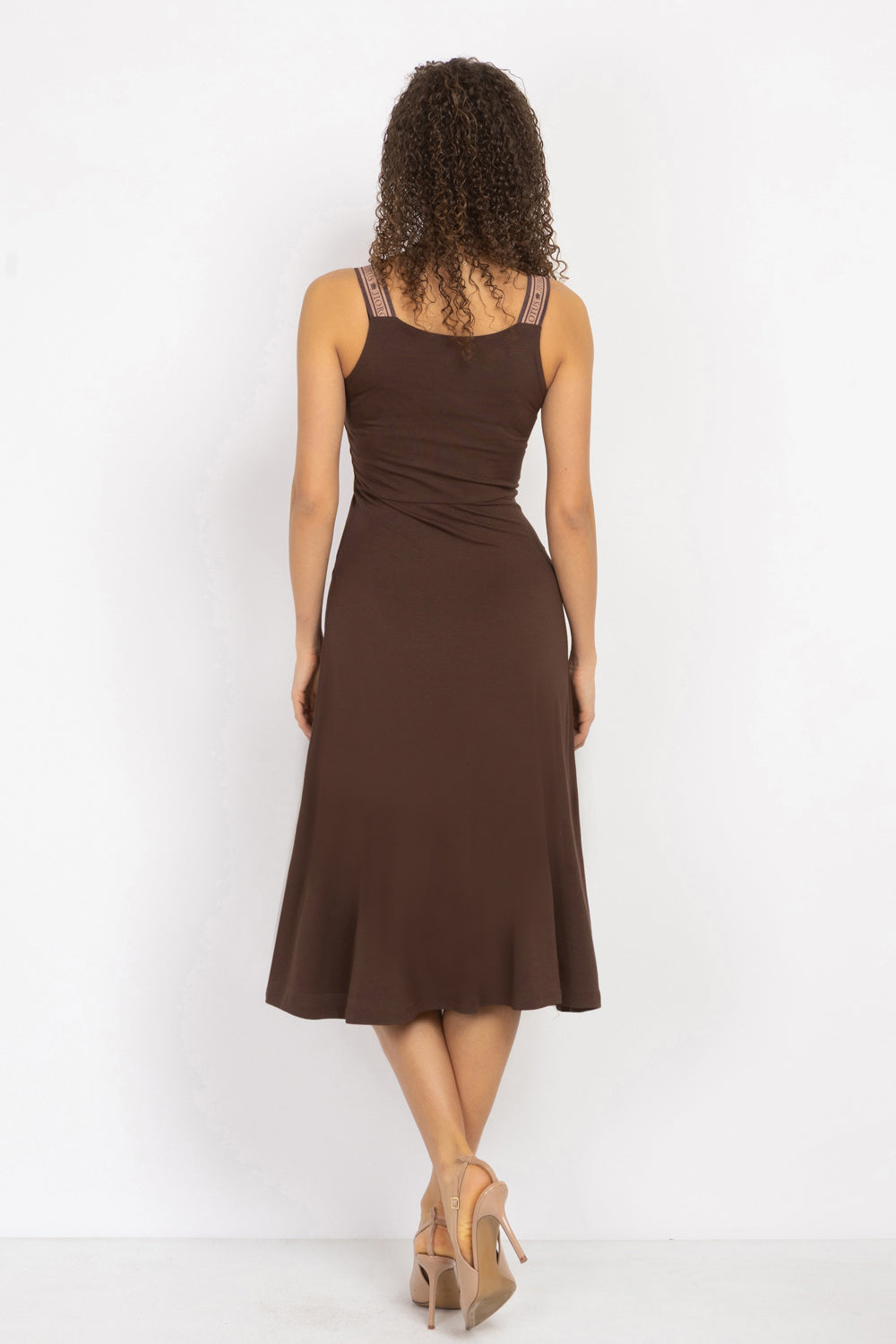 BROWN VISCOSE STRAP DRESS WITH ELASTIC DETAIL AND SOFT A-LINE SILHOUETTE - ESSENTIALS