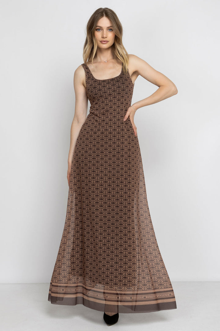 SLEEVELESS LONG MESH DRESS WITH SOFT MODAL LINING - MOCHA MOUSSE LOGO