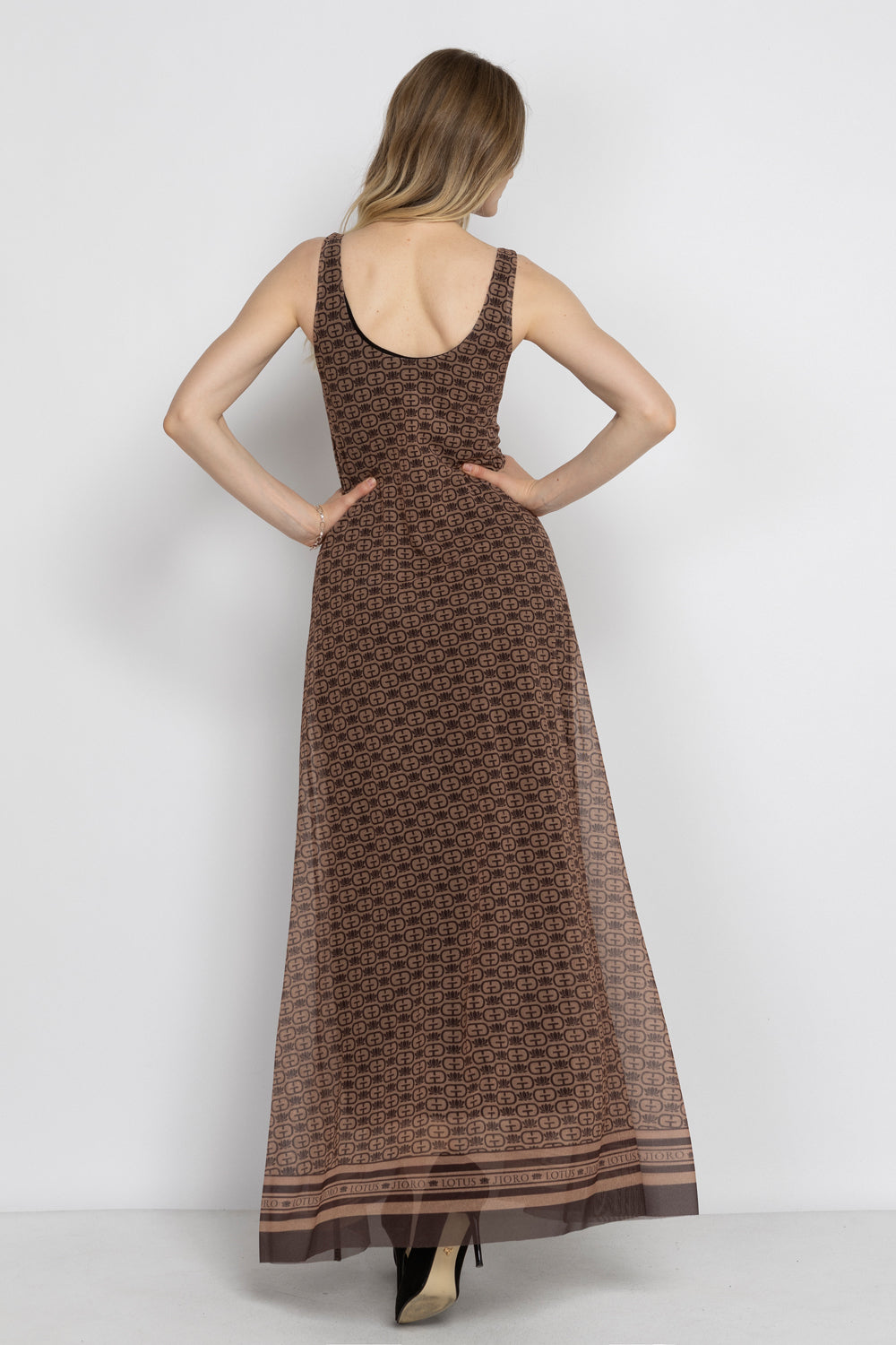 SLEEVELESS LONG MESH DRESS WITH SOFT MODAL LINING - MOCHA MOUSSE LOGO
